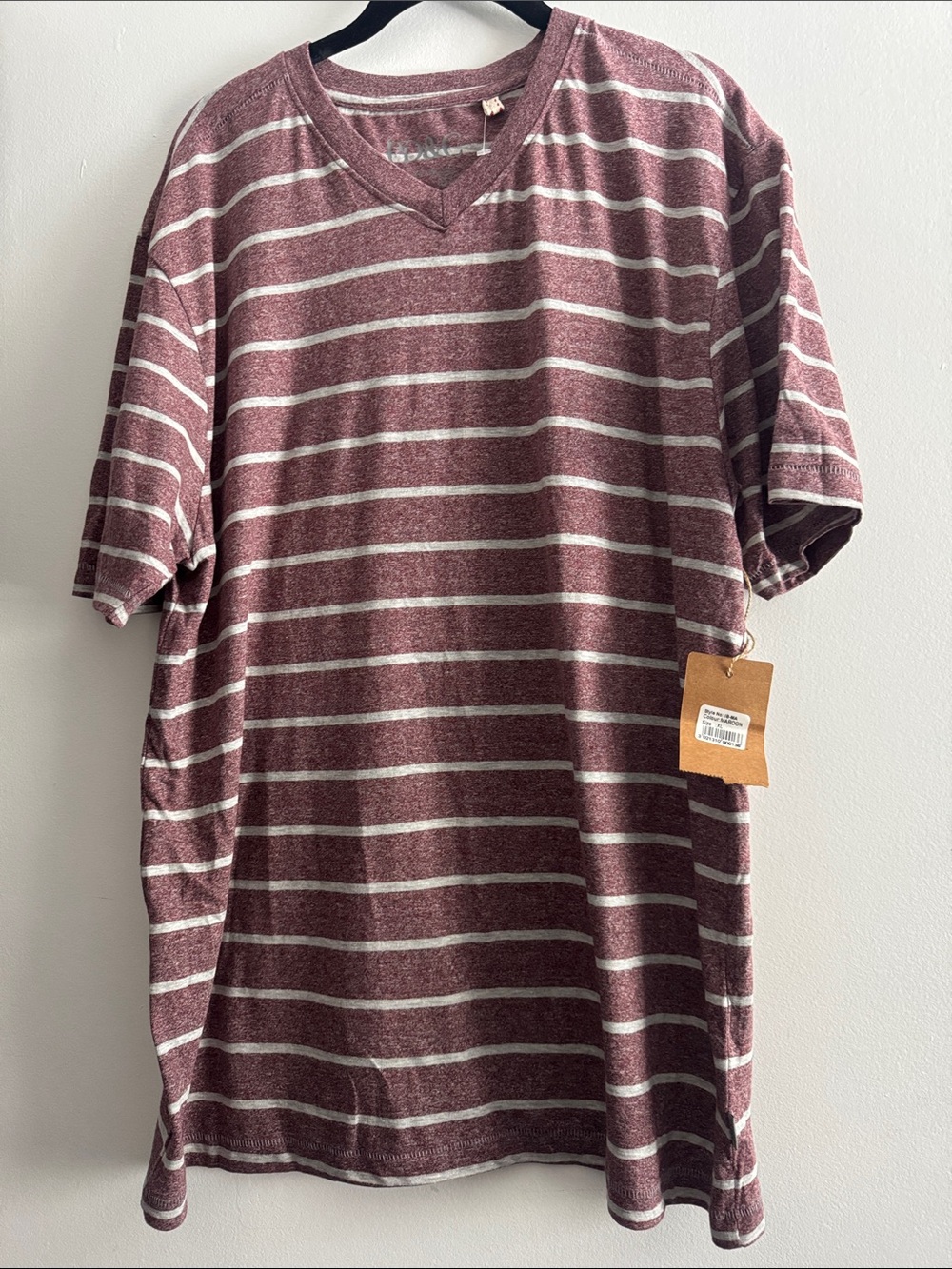 PD&C Men's Maroon and White Striped V-Neck Short Sleeve Tee